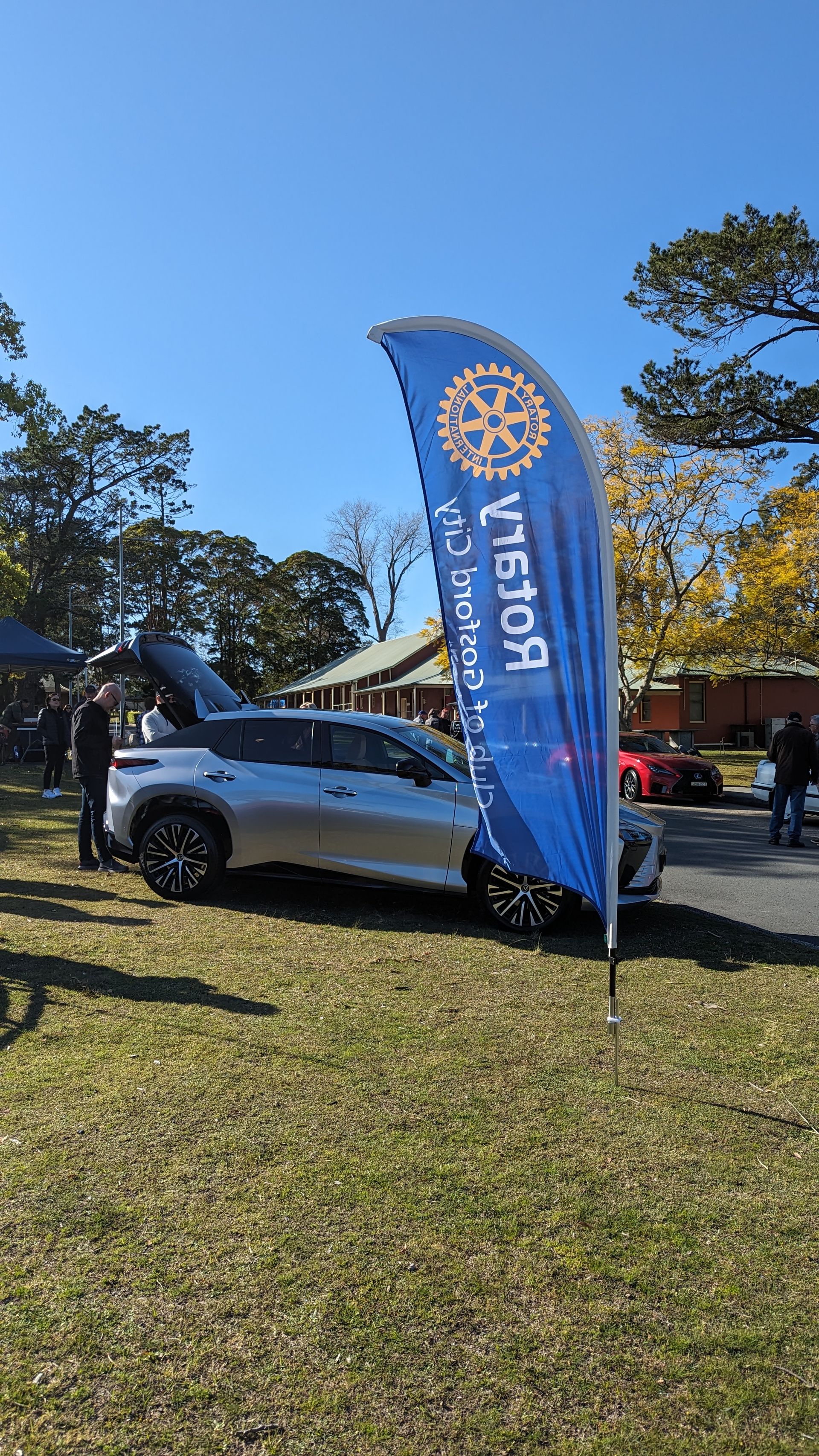 A car is parked in a grassy field next to a blue flag.