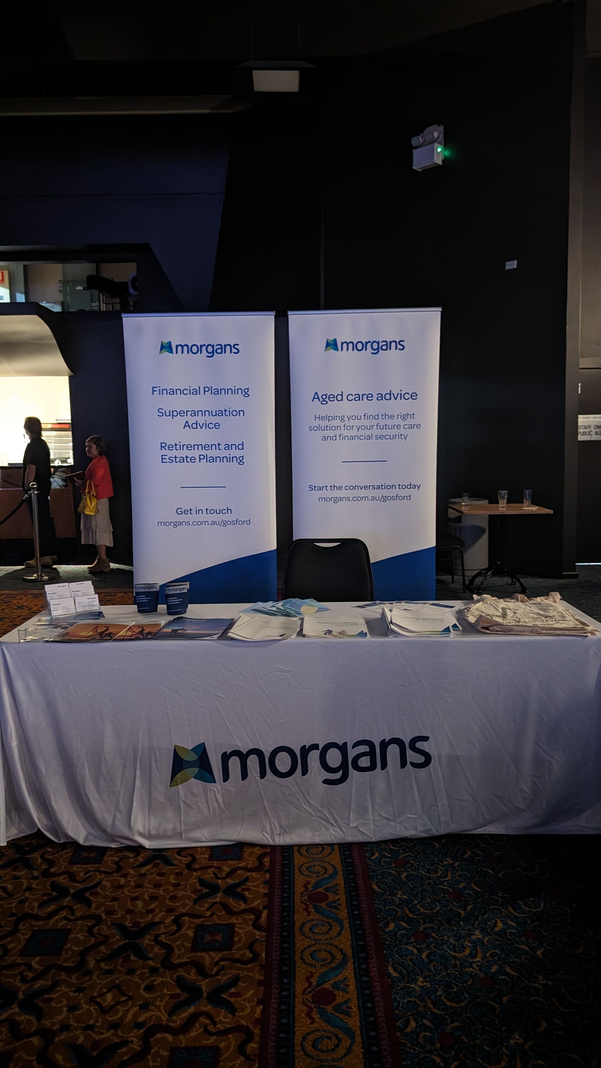 A table with a sign that says morgans on it
