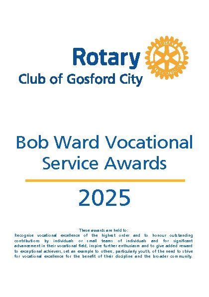 A poster for the gosford city rotary club bob ward vocational service awards 2024