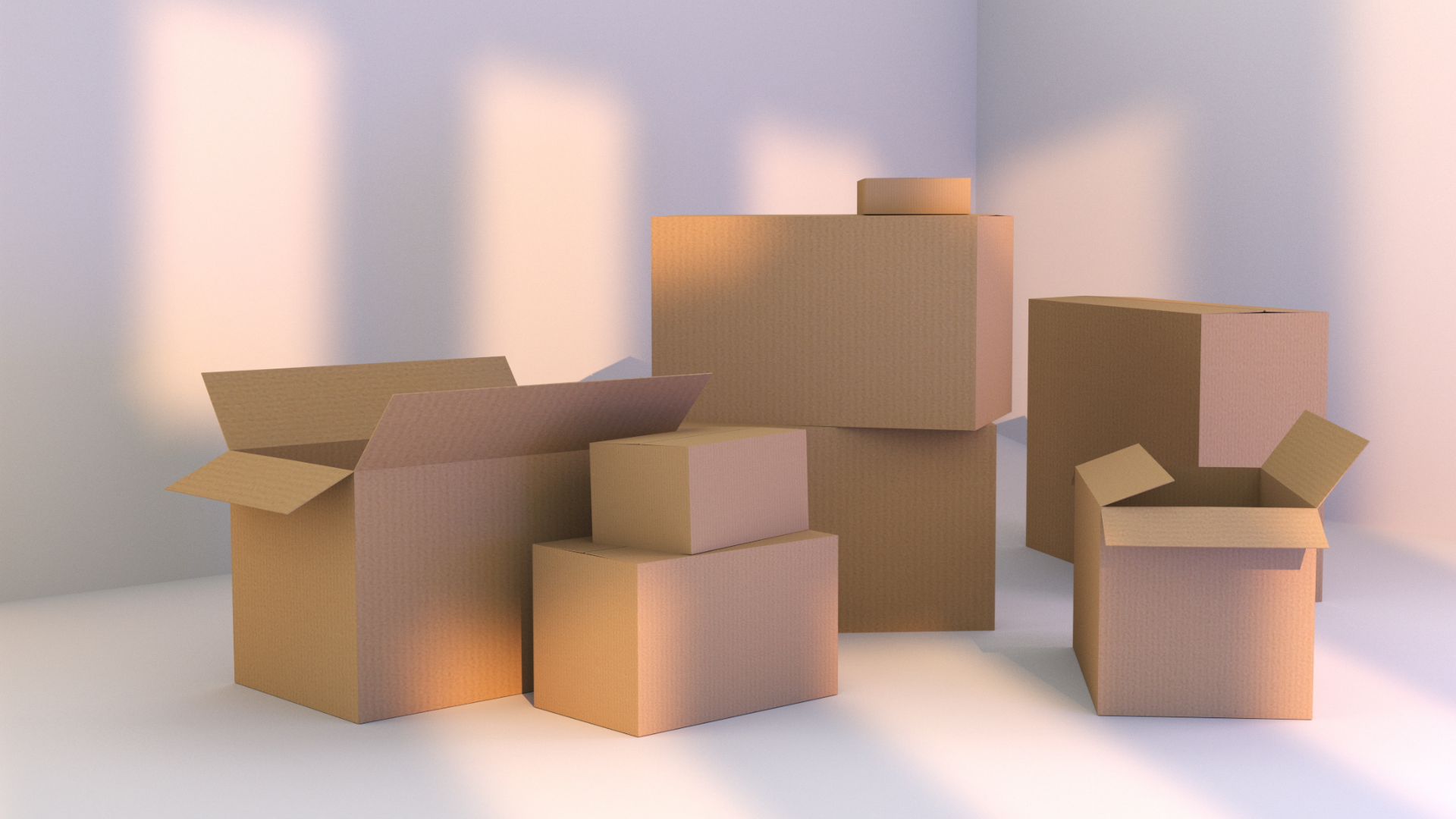 Des cartons empilés et ouverts dans une pièce ensoleillée, évoquant un déménagement ou un entreposage.