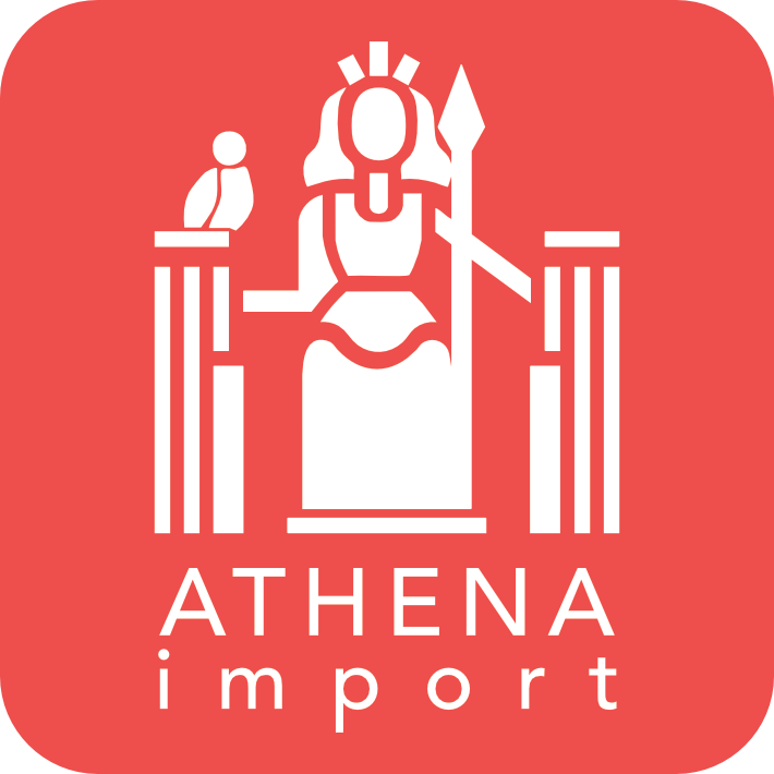 Figure d'Athéna blanche avec hibou et piliers sur un carré rouge, texte « Importation Athéna ».
