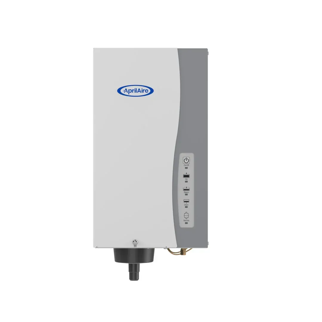 A white AprilAire whole-home humidifier unit, viewed at a slight angle against a plain background.