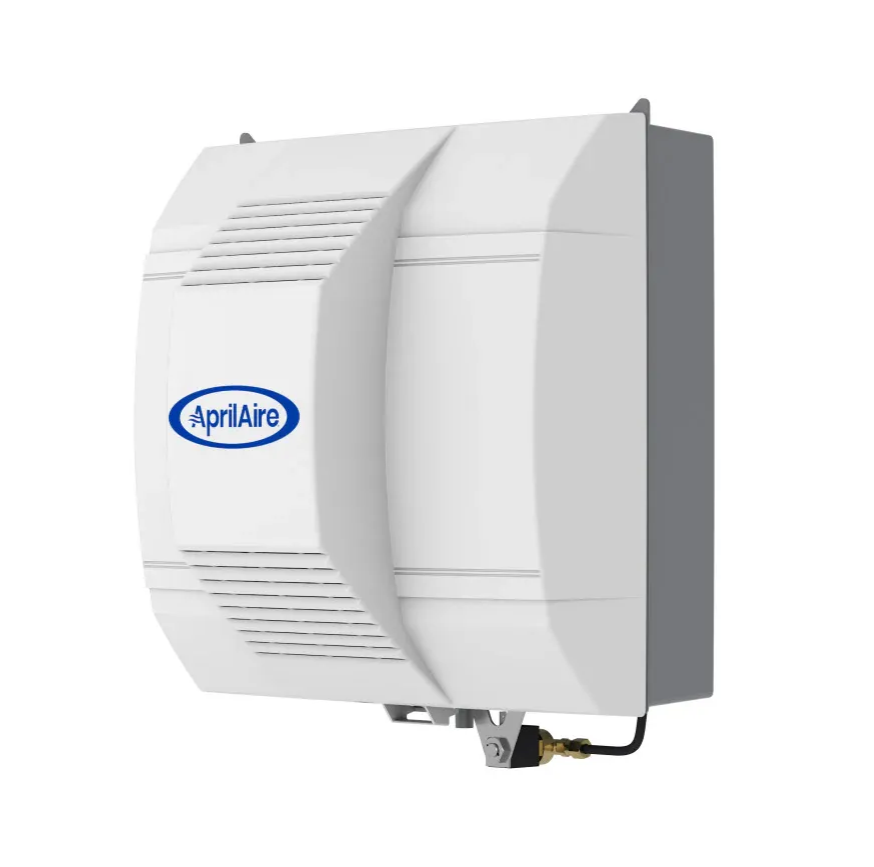 A white AprilAire whole-home humidifier unit, viewed at a slight angle against a plain background.