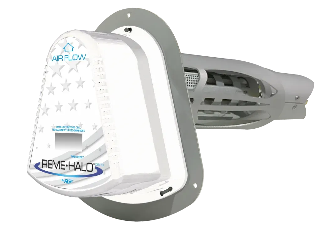 A white AprilAire whole-home humidifier unit, viewed at a slight angle against a plain background.