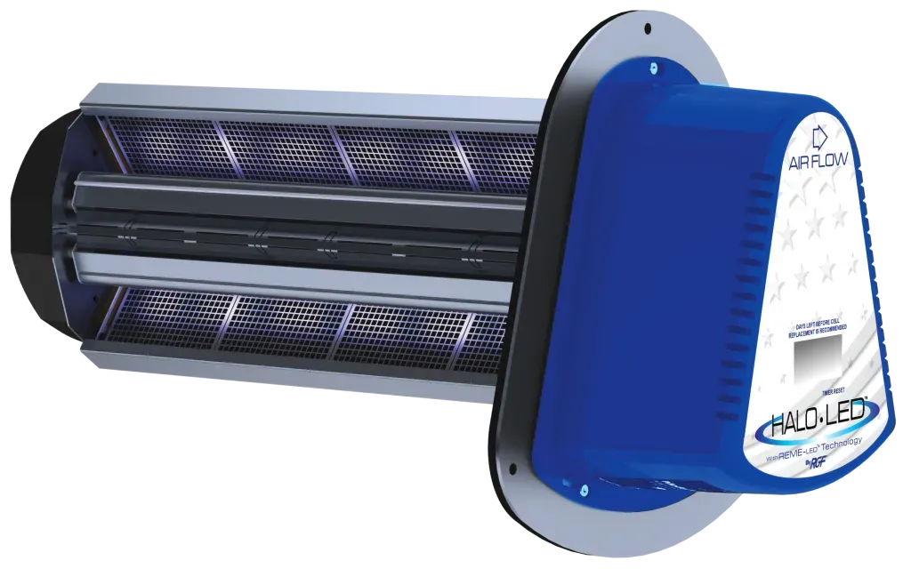 A white AprilAire whole-home humidifier unit, viewed at a slight angle against a plain background.