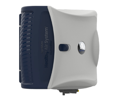 A white AprilAire whole-home humidifier unit, viewed at a slight angle against a plain background.