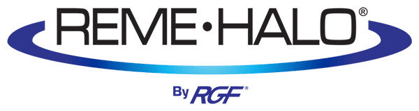 The blue and black logo for REME HALO, an indoor air quality product manufactured by RGF.