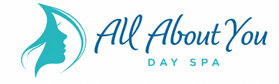 Teal silhouette logo and text reading “All About You Day Spa” on a white background