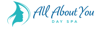 All About You Day Spa logo in teal with a stylized woman’s profile and script text