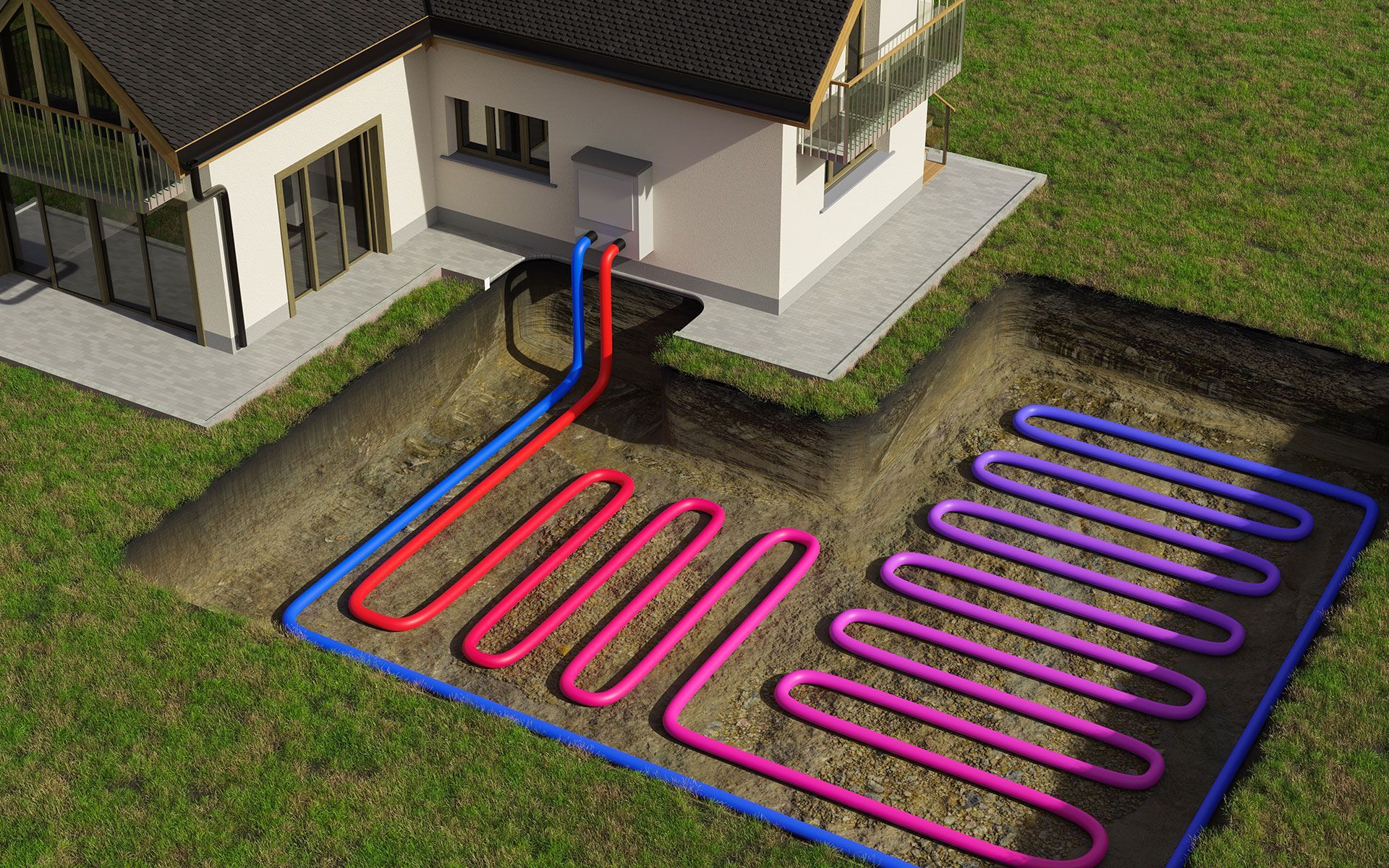 An aerial view of a house with a heating system in the ground.