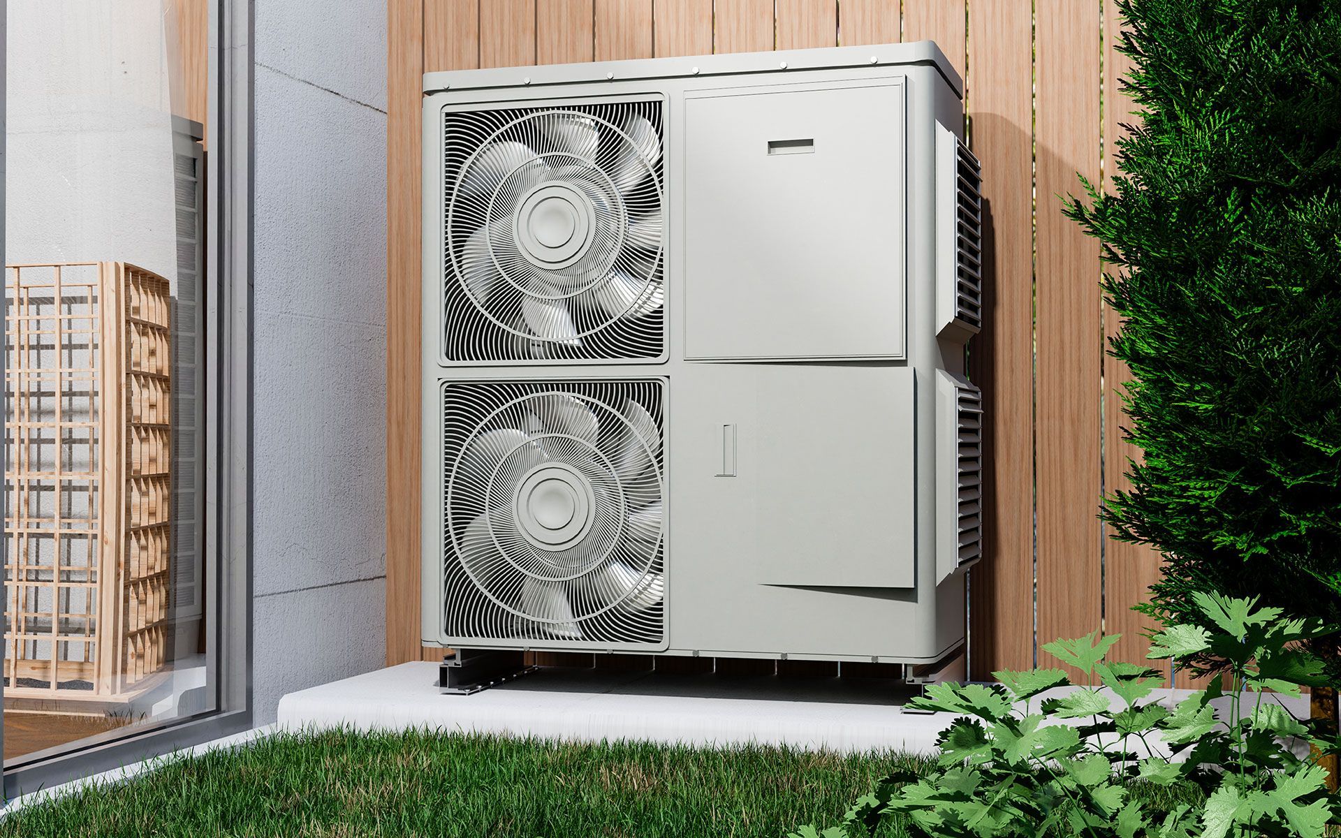 A large air conditioner is sitting outside of a building.