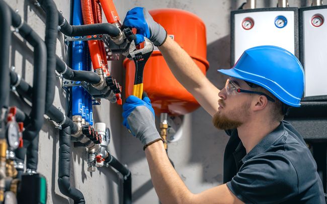 A man in a blue hard hat is working on a water heater.