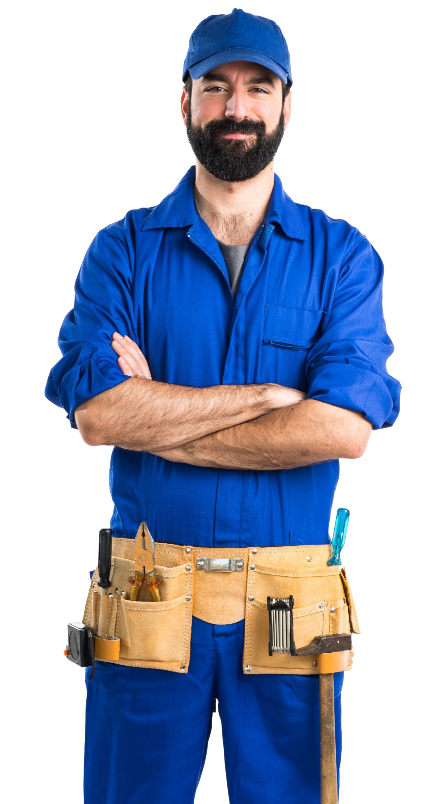 A man in a blue jumpsuit with a tool belt around his waist is standing with his arms crossed.