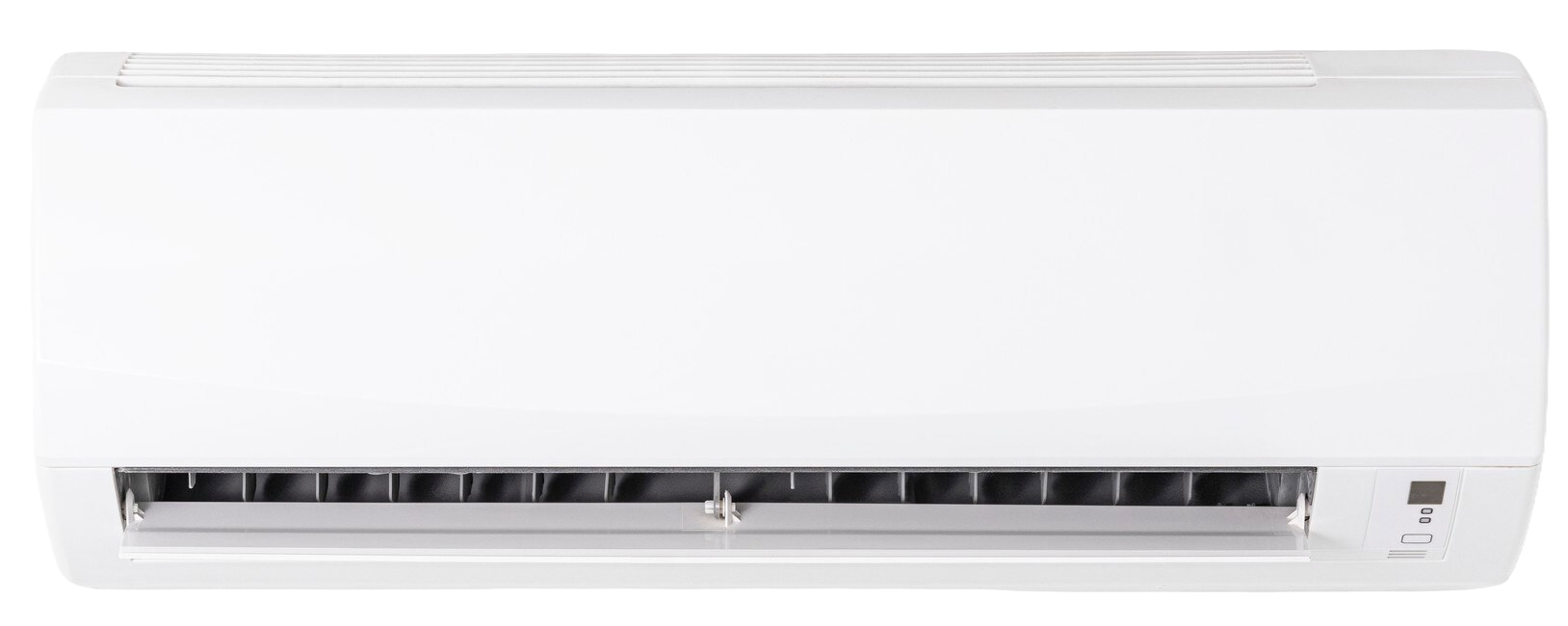 A white wall mounted air conditioner on a white background.