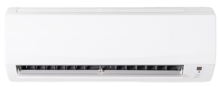 A white wall mounted air conditioner on a white background.