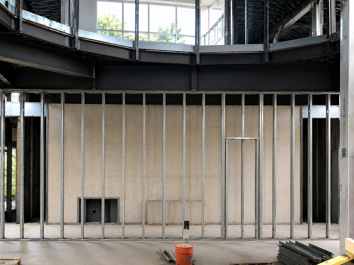 Empty barred enclosure under a curved roof, with a beige wall and a small red object on the ground