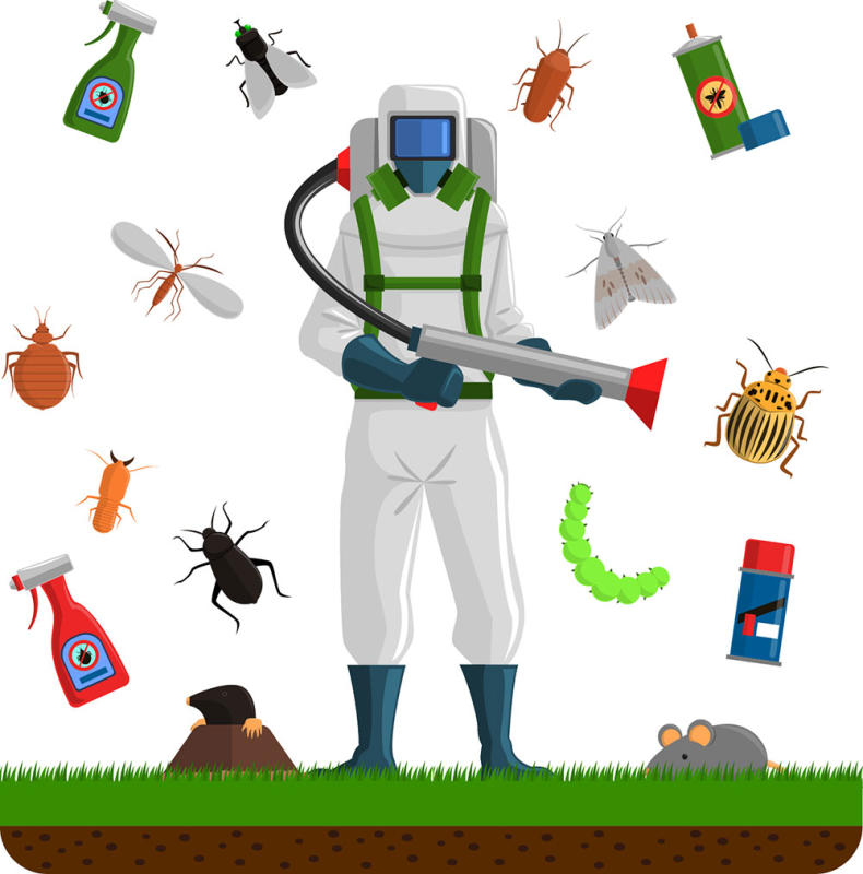 Addetto alla disinfestazione in tuta protettiva spruzza pesticidi sugli insetti.