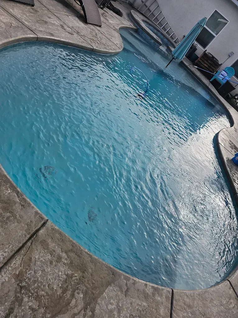 Blue swimming pool with curved edges, surrounded by concrete.