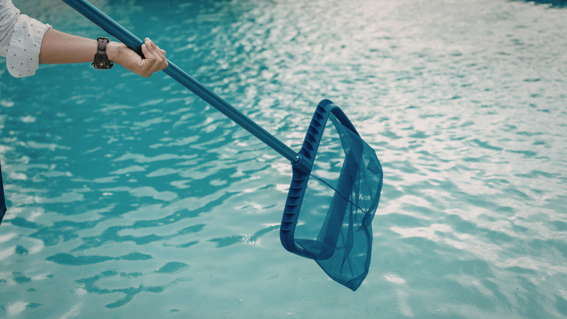 Person using a pool skimmer net to remove debris from the water, ensuring clean and clear pool water