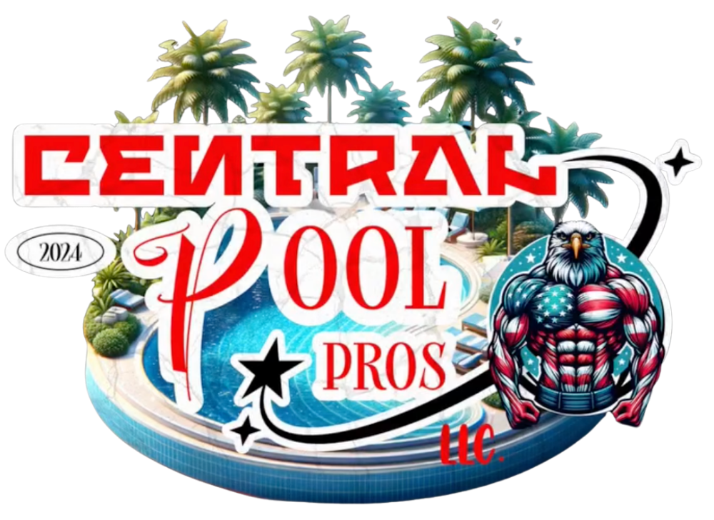Logo for Central Pool Pros LLC, featuring a pool, palm trees, and an American flag eagle.