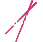 A pair of chopsticks are broken in half on a white background.