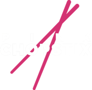 A pair of chopsticks are broken in half on a white background.