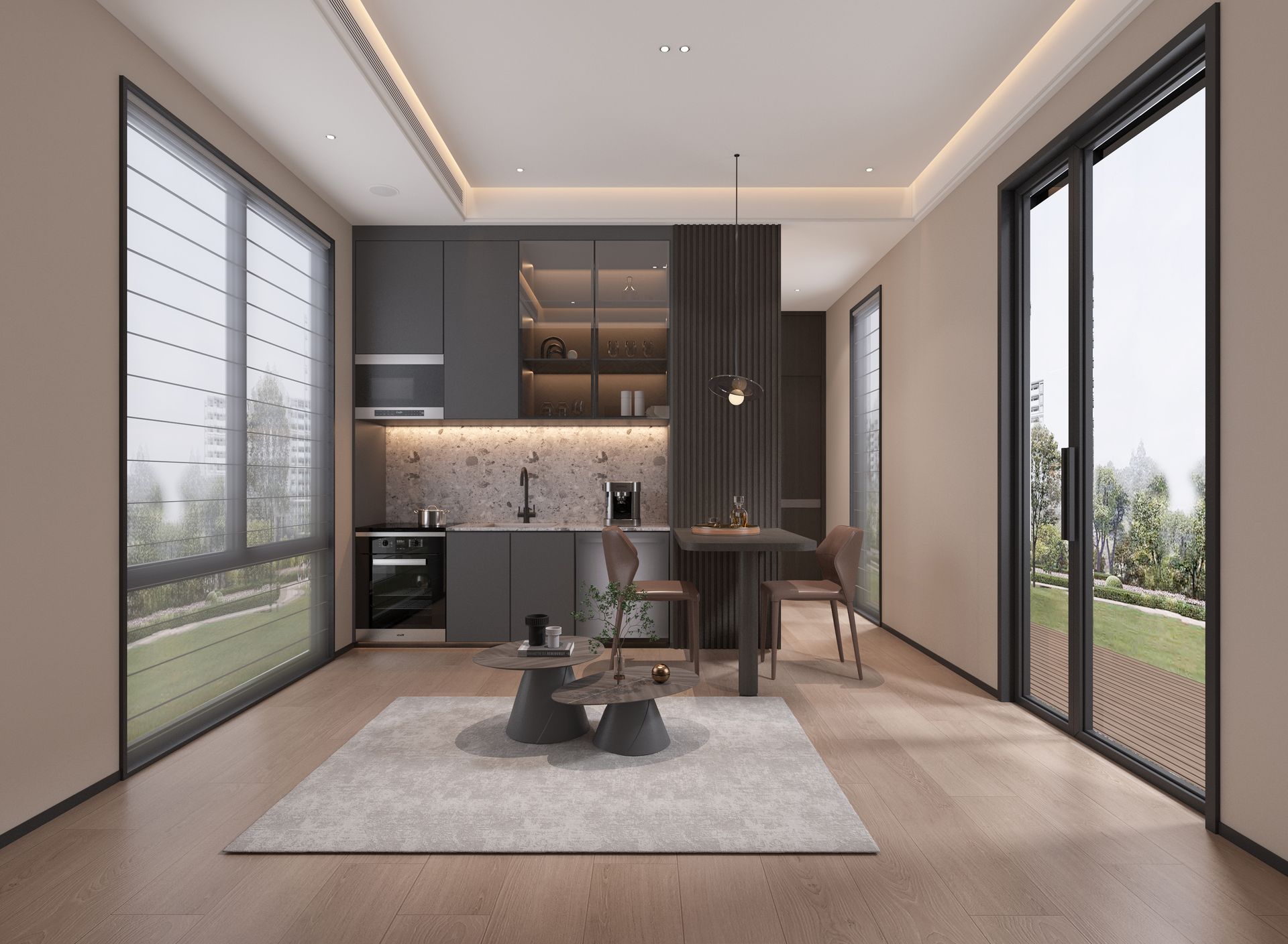 A living room with wooden shelves and a flat screen tv
