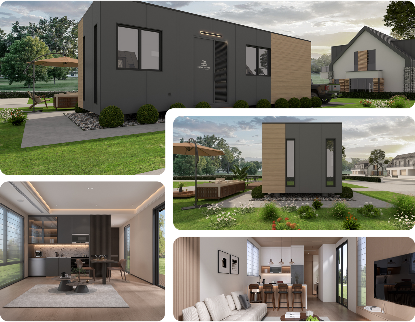 A collage of four pictures of houses with trees in the background