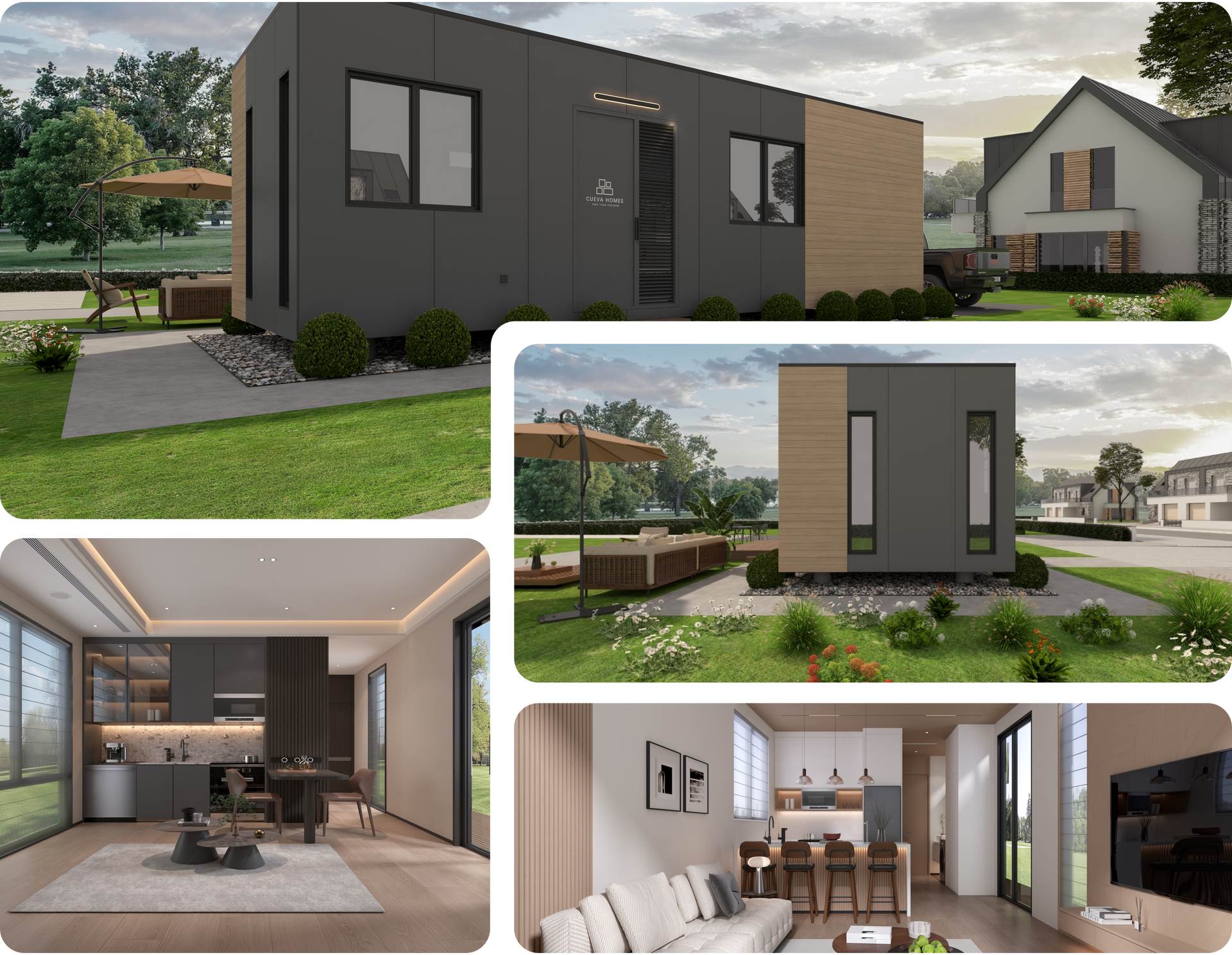 A collage of four pictures of houses with trees in the background