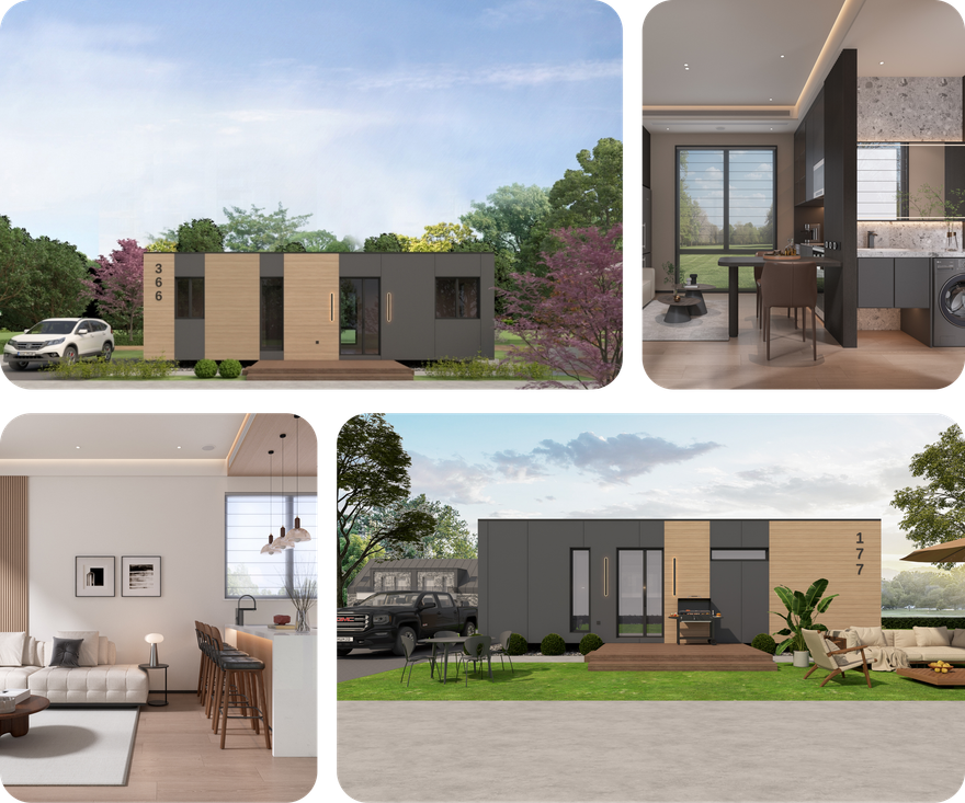 A collage of pictures of a house with a living room , kitchen and patio.
