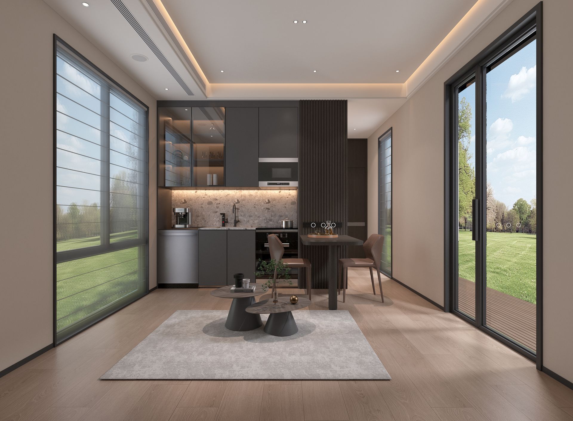 A living room with wooden shelves and a flat screen tv