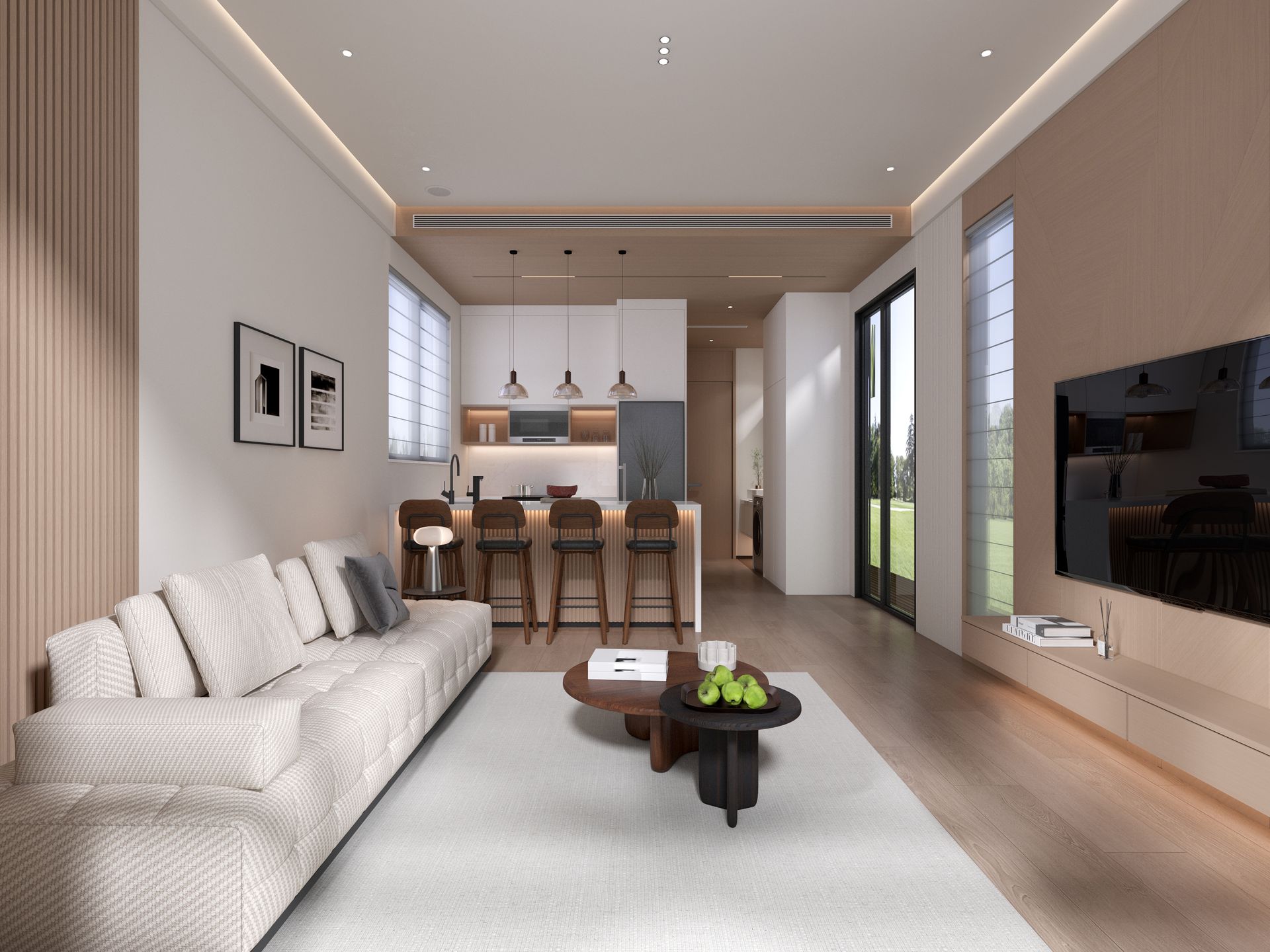 A living room with wooden shelves and a flat screen tv
