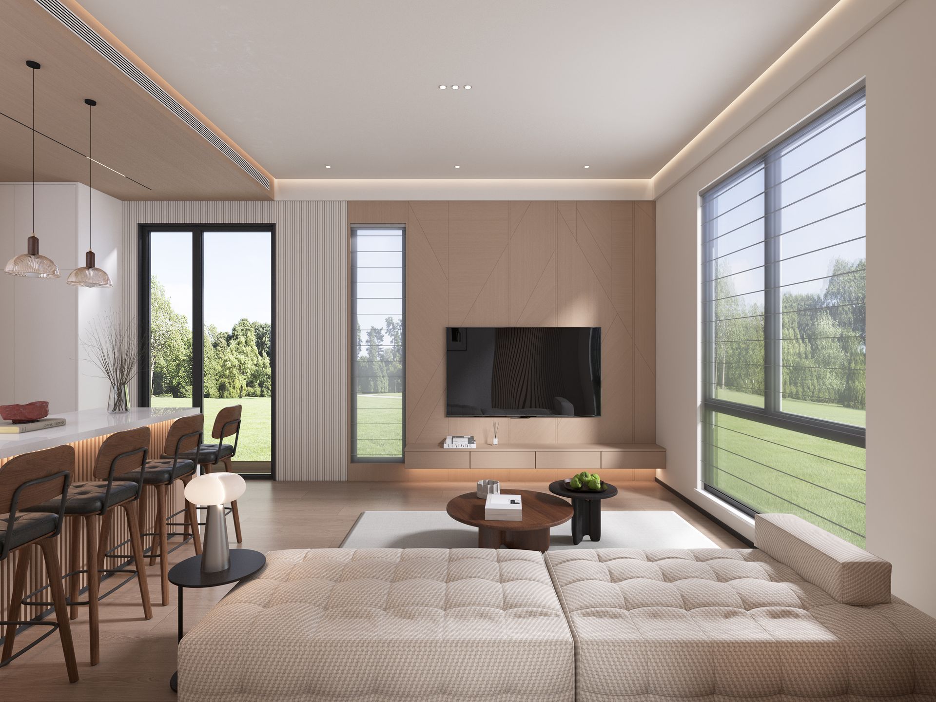 A living room with wooden shelves and a flat screen tv