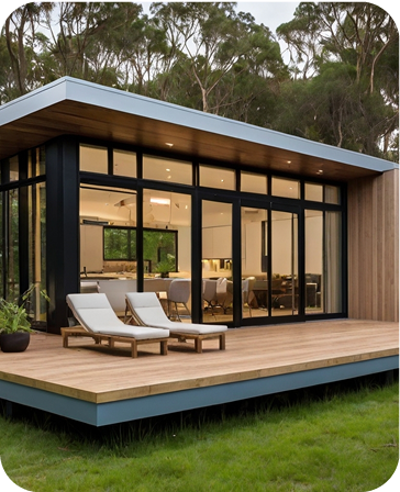 A house with a deck and chairs in front of it