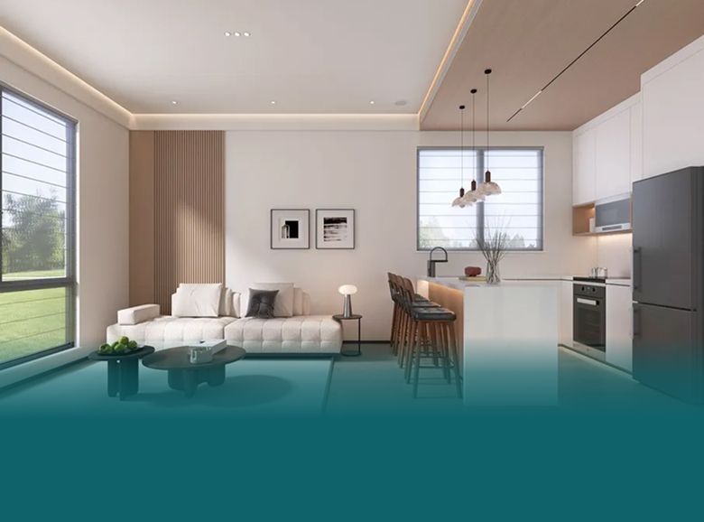 Modern living room with kitchen, white sofa, glass coffee table, teal floor.
