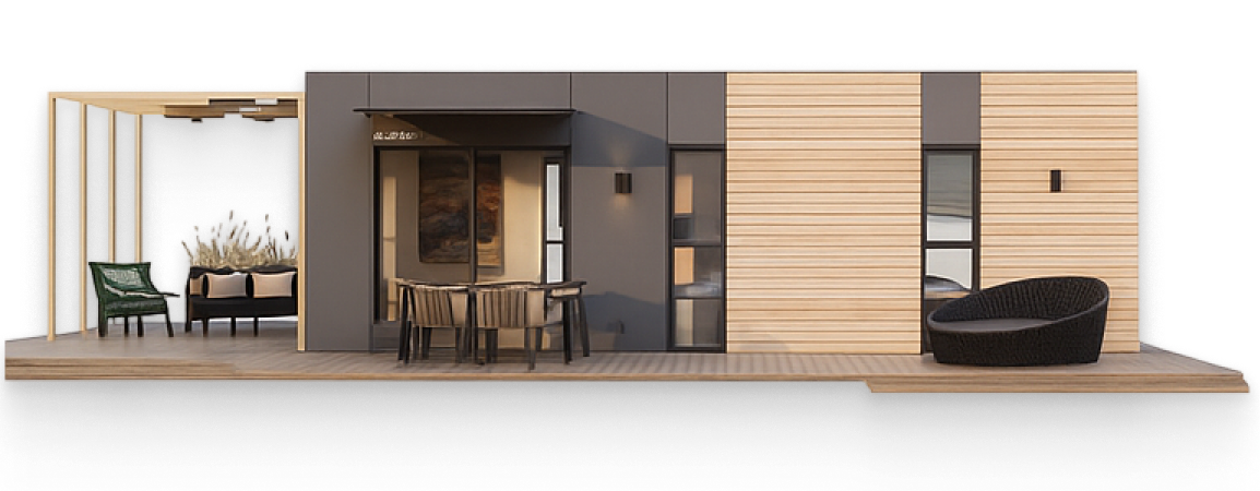 A model of a small house with a porch and chairs.