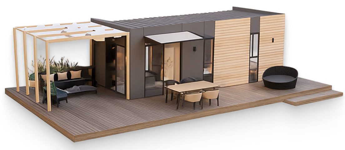 A model of a small house with a porch and chairs.