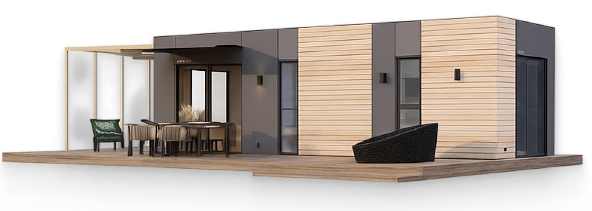 A model of a small house with a porch and chairs.