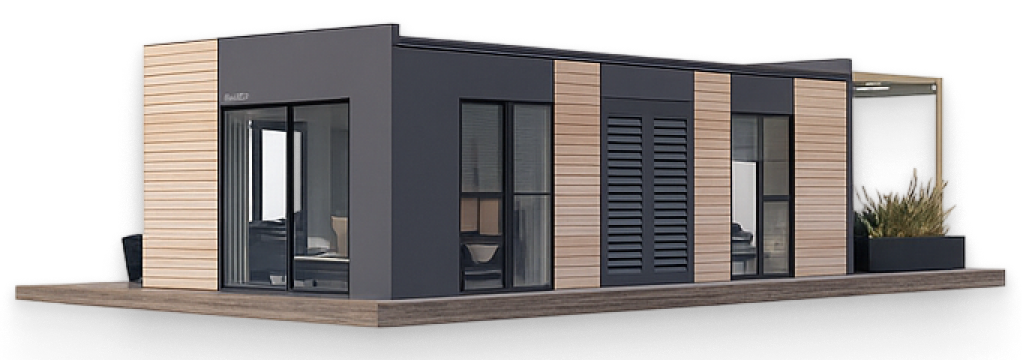 A model of a small house with a porch and chairs.