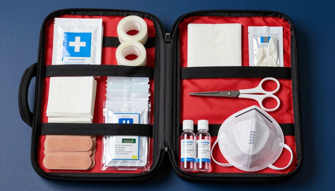 Une trousse de premiers secours ouverte, noire, à fermeture éclair contenant du matériel médical.