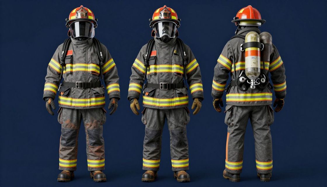 Trois vues d'un pompier en tenue de protection grise avec bandes jaunes haute visibilité, casque et appareil respiratoire.