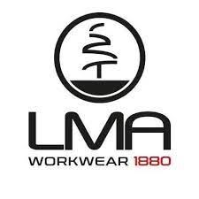 Logo LMA Workwear 1880 en noir et rouge avec un emblème d'arbre stylisé au-dessus du texte
