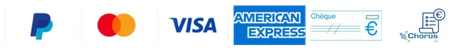 Logos des moyens de paiement PayPal, Mastercard, Visa, American Express, euro et iDEAL sur fond blanc
