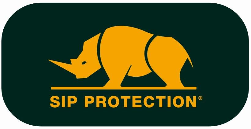 Logo d'éléphant jaune avec « SIP PROTECTION » sur un rectangle arrondi vert foncé
