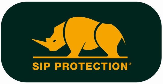 Logo d'éléphant jaune avec « SIP PROTECTION » sur un rectangle arrondi vert foncé