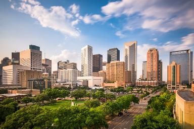 An aerial view of a city skyline with trees in the foreground.