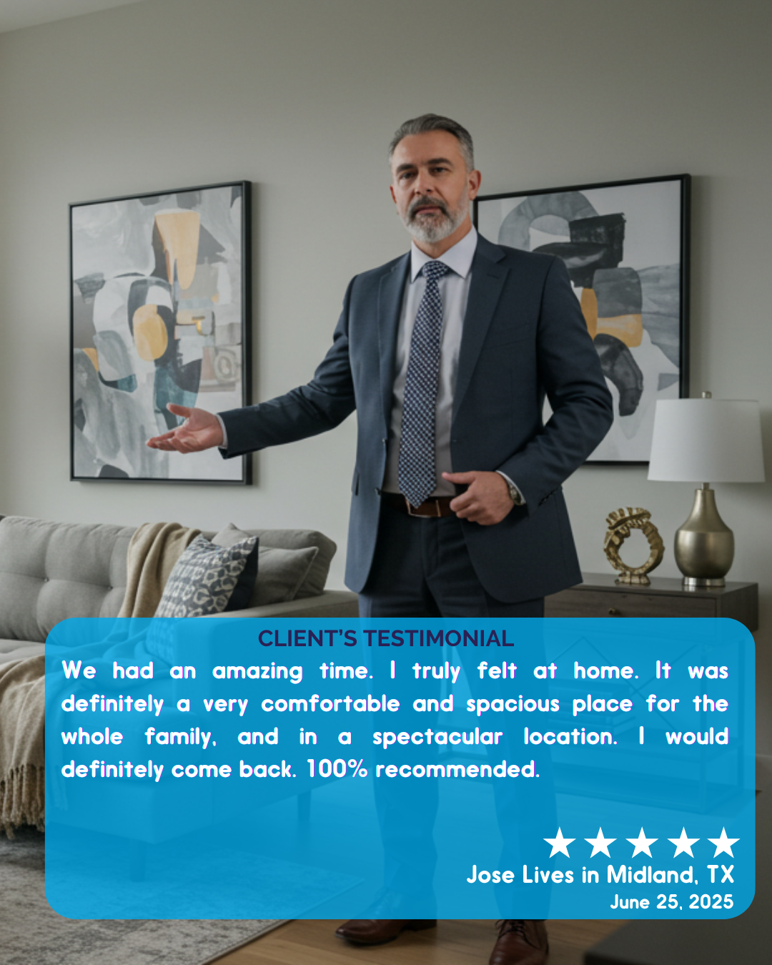 A man in a suit and tie is standing in a living room
