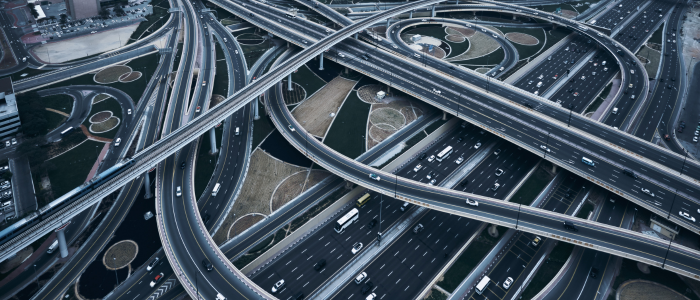 An aerial view of a very busy highway intersection.