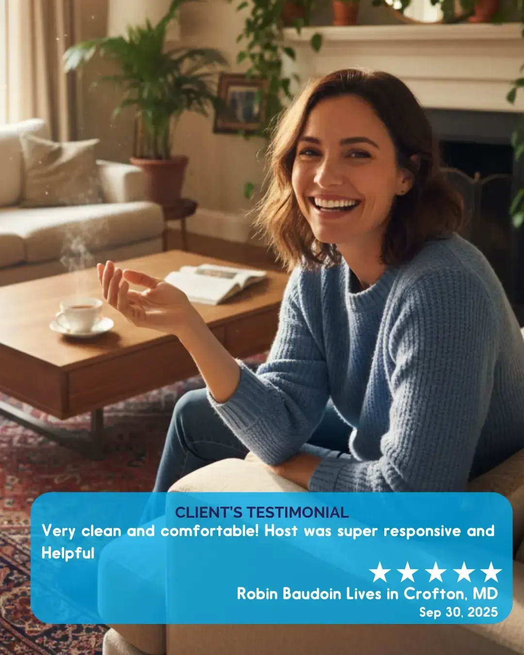 A woman is smiling while sitting on a couch.