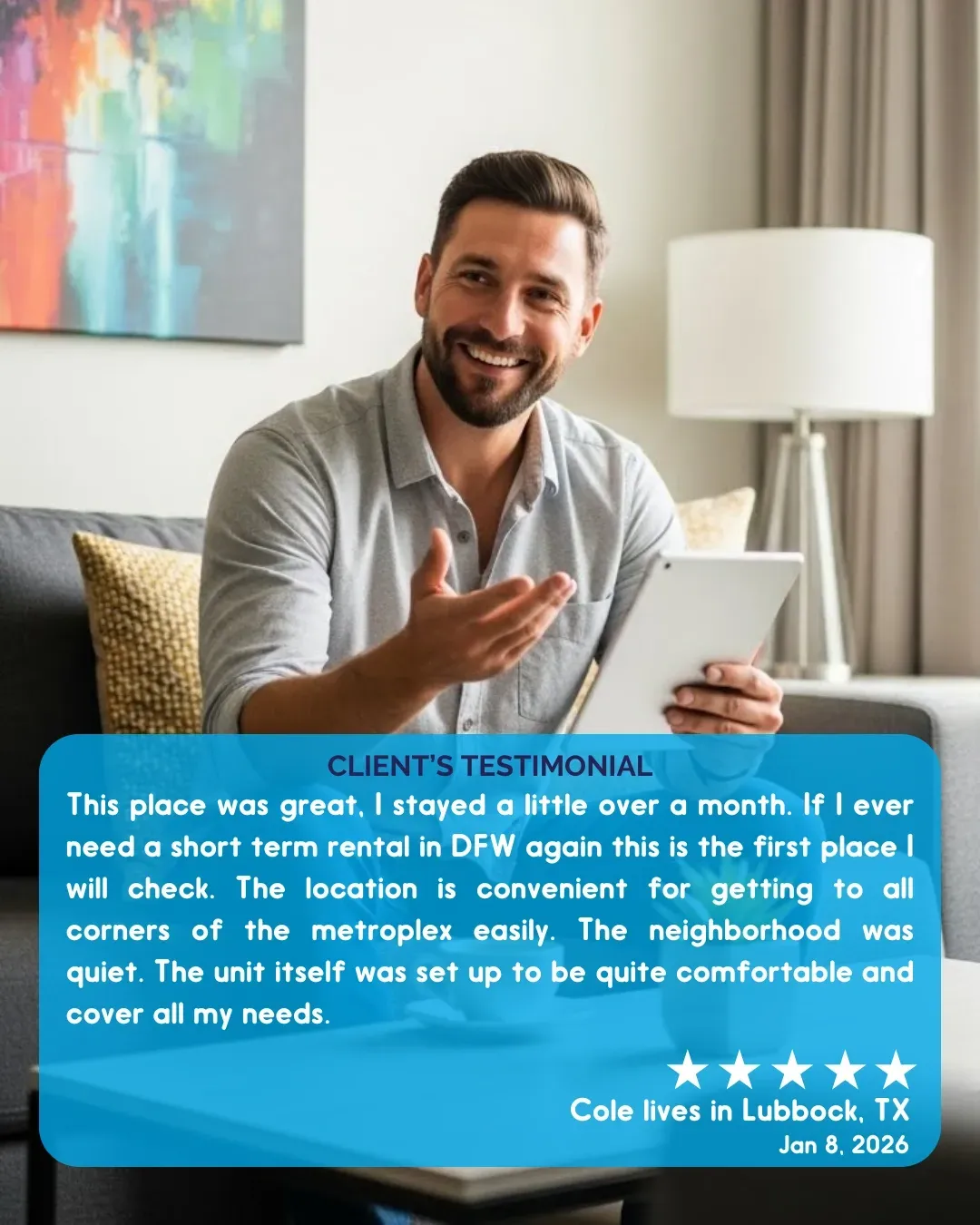 A man in a suit and tie is standing in a living room